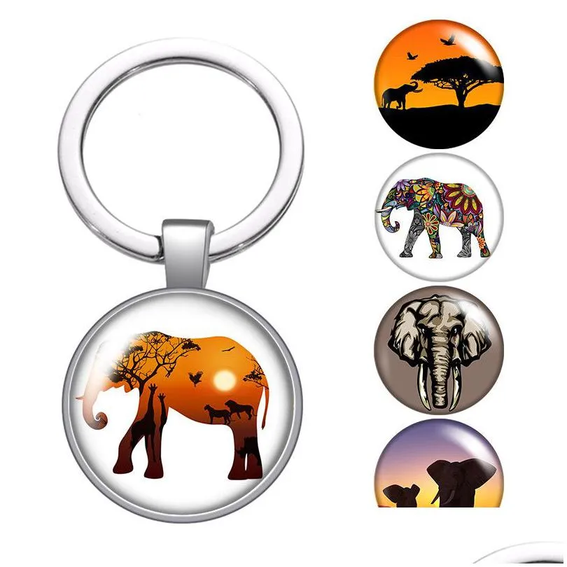 Porte-clés Longes Éléphant Amour Animaux Modèles Verre Cabochon Porte-clés Sac Porte-clés De Voiture Porte-Charmes Sier Plaqué Chaînes Hommes Wom Dh87O