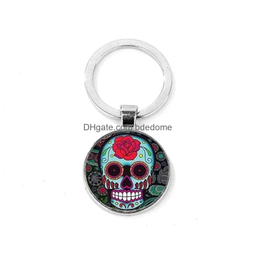 Keychains Lanyards Mexico Sugar Skl Keychain Folk Art Pattern Day Of The Dead Glass Round Key Chain Handmade Halloween Ring Drop Del Dhn3C