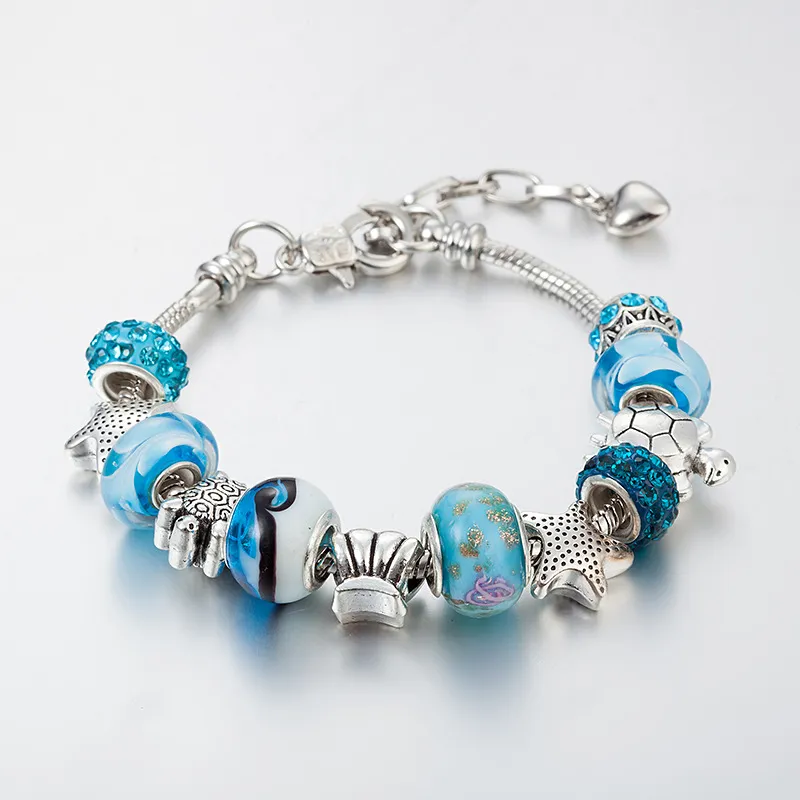 2023 New Arrival Blue Glazed Zhuhai Ocean Series Bracelets ، Starfet Turtle Beads قابلة للتعديل سوار سحر الأزياء لـ Pandora Platinum