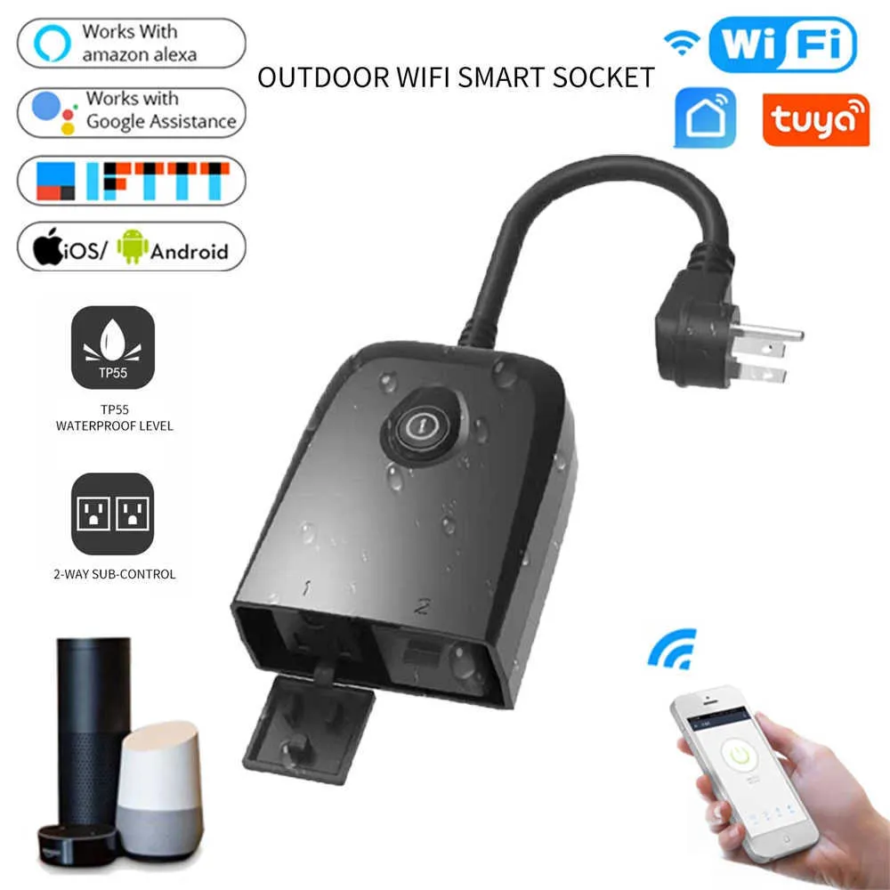 Smart Power Plugs Tuya WiFi Smart Outdoor IP55 Soquete à prova d'água dos EUA Smart Smart Home App Timing Switch Trabalho com Alexa Assistente HKD230727