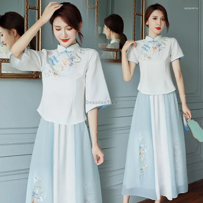 Vêtements ethniques 2023 quotidien amélioré Hanfu femme Style chinois rétro Cheongsam deux pièces ensemble broderie Tang costume Qipao S243