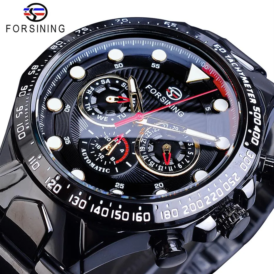 ForSining Mens Automatic Watch Black Self-Wind Speed ​​Car Male Date Steel Strap Military Wrist Mechanical Relojes HOMBRE2538