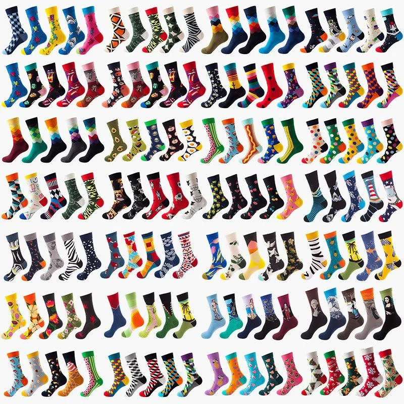 Jurk 5 paren/pack Happy Funny Paren Socks Cotton Men Cartoon Fruit Flowers Dieren Haruku Basketball Streetwear Socks EU 3743