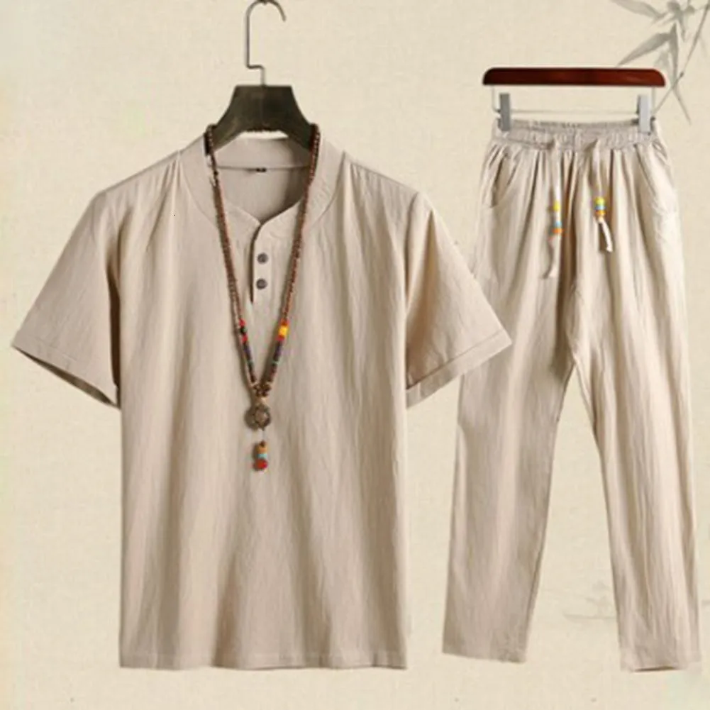 Męskie dresy letnie moda Mężczyzn Koszule Ustaw bawełniane i lniane krótkie rękawowe spodni strój M4XL 230727