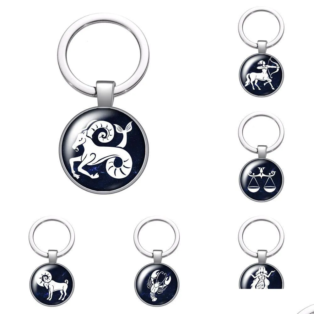 Keychains Lanyards 12 Constellations Beauty Glass Cabochon Keychain Bag Car Key Chain Ring Holder Charms Sier Color for Men Women Gi Dhfzk