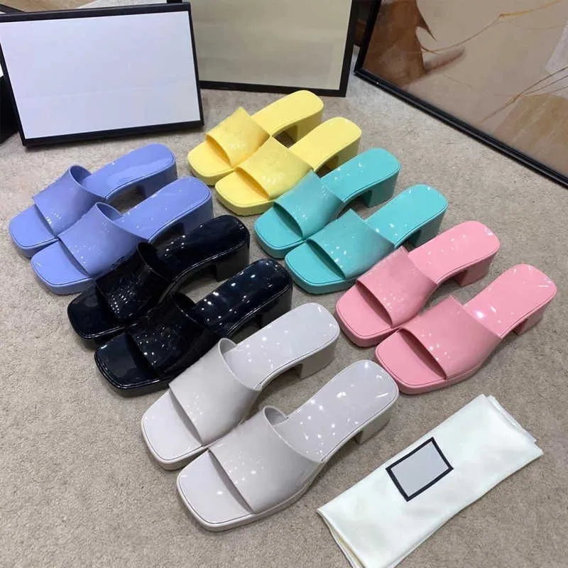 Women Designer Sandals Heels Rubber Slide Sandal Platform Slides Chunky Shoes Summer Embossed Flip Flops With Box NO267