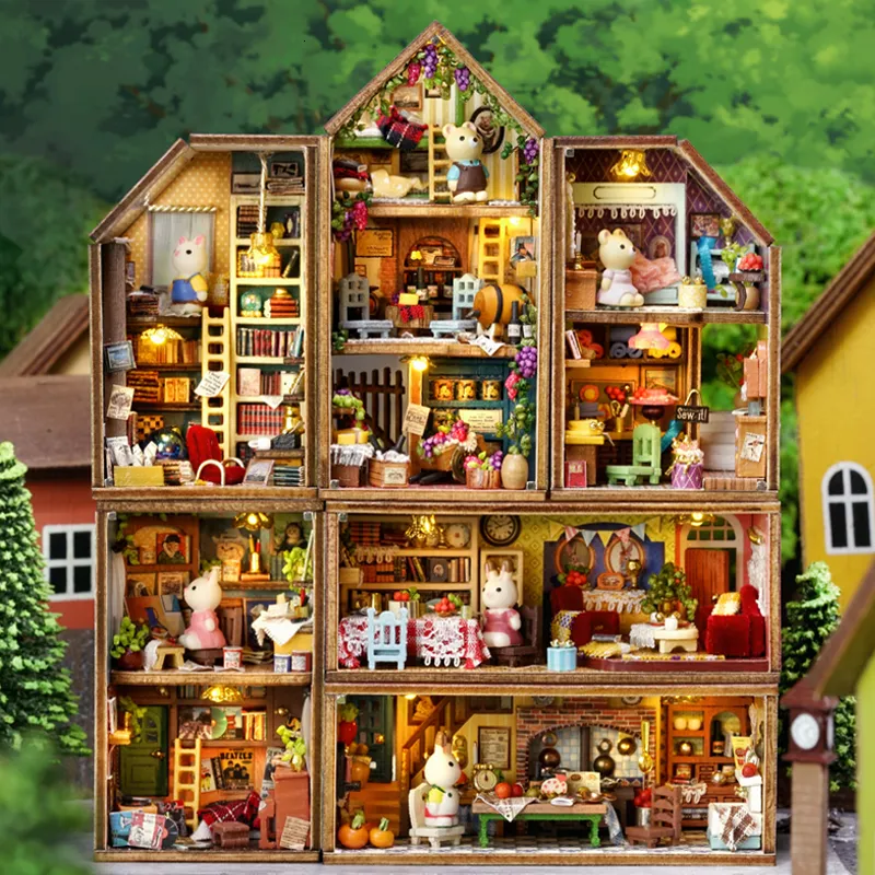 Kitchens Play Food DIY Mini Rabbit Town Casa Wooden Doll Houses Miniature Building Kits with Furniture Dollhouse Toys for Girls Birthday Gifts 230726