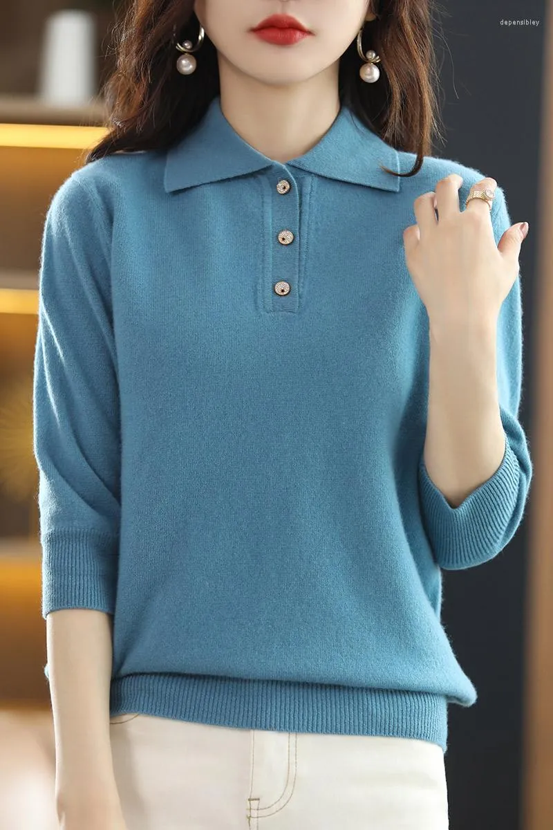 Women's Sweaters Ladies Pure Wool Knit T-Shirt Pullover Solid Color Doll Collar Half Sleeve 2023 Summer Basic Top Button Down Short