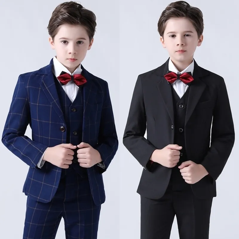 Suits Plaid Formal Boys Outfit For Wedding Kids Blazer Pants Vest Clothing Sets Children's Dress Model Runway Piano Costume 230726