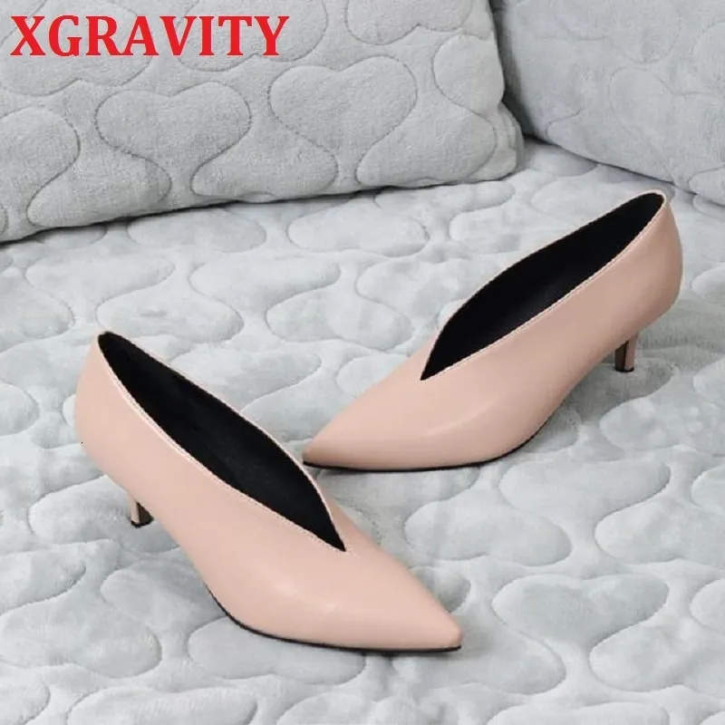 حذاء فستان Xgravity Spring Winter Fashion Shoes Branded v Design Design Pointed Toe Pumps High Heel Sexy Shoes Women Female 230726