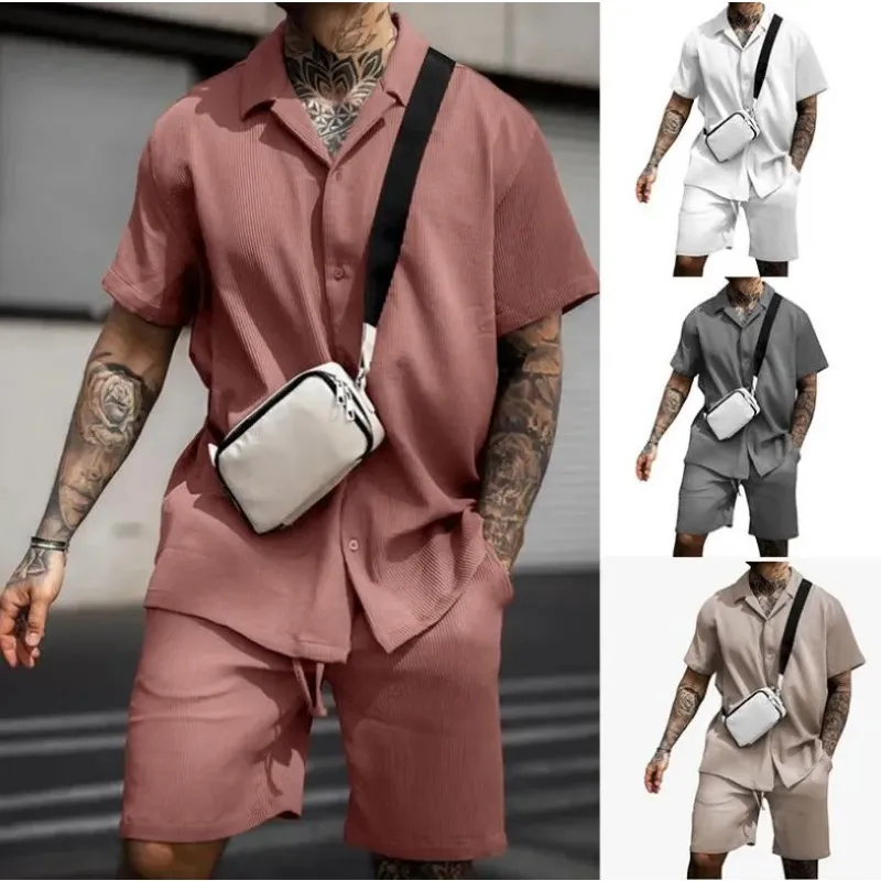 Męskie dresy, swobodny wygodny guziki koszulę i szorty Dwuczęściowy zestaw dla mężczyzn fashoin dresspants garnitur