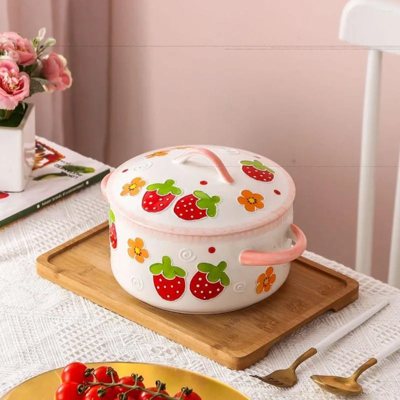 Bols série fraise fille coeur mignon vaisselle en céramique 9.5 pouces Double oreille couvert bol à soupe salade de nouilles