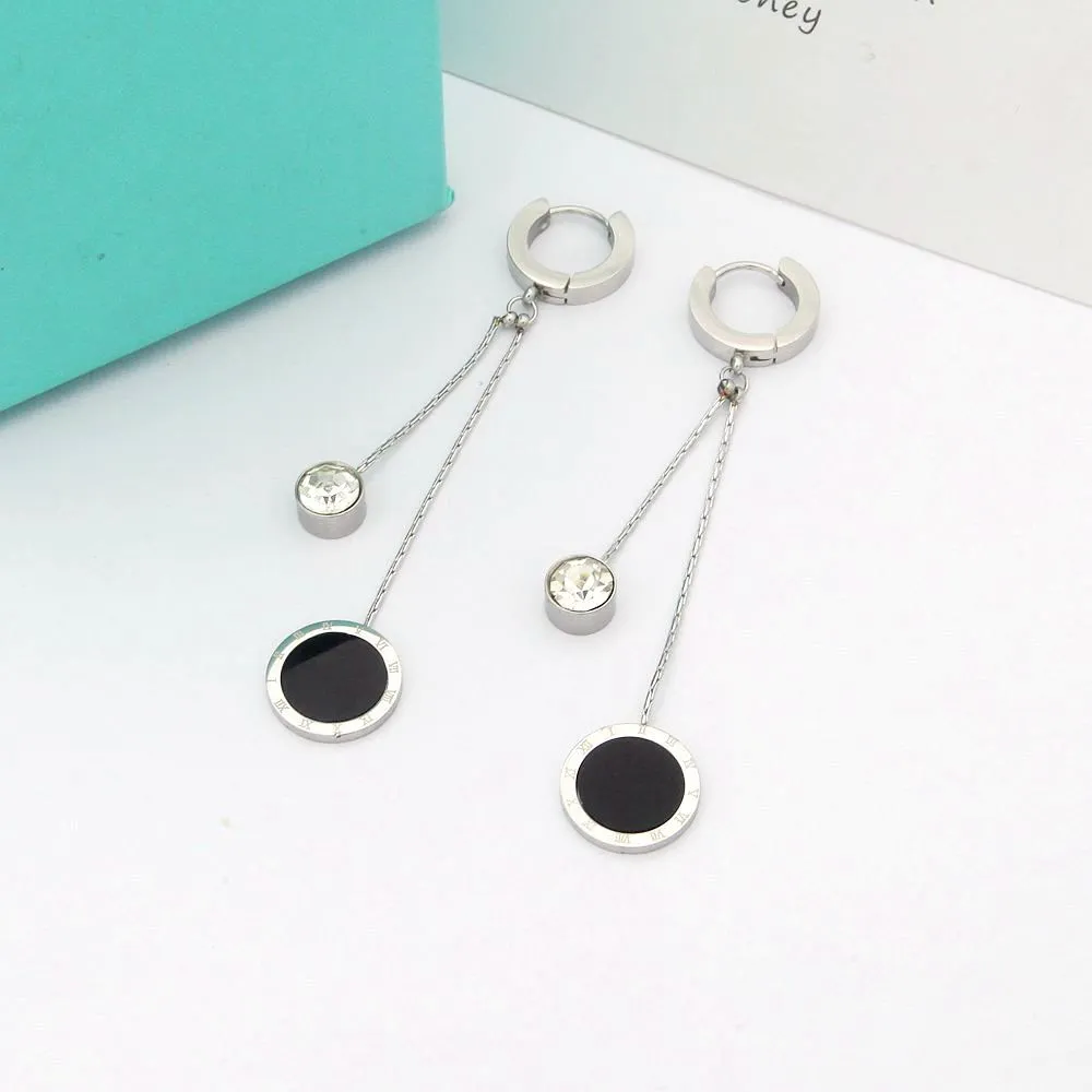 Titanium steel jewelry round diamond black shell tassel earrings women versatile Roman numerals
