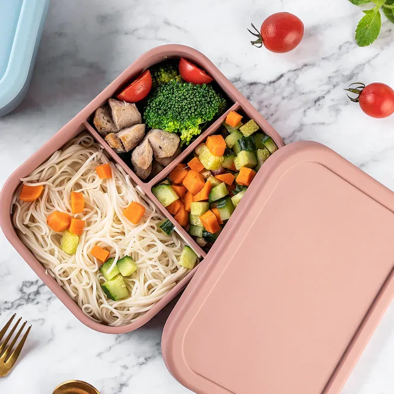 Silikon Öğle Yemeği Kutusu Bento Kutu Dışarıda Taşınabilir Gıda Depolama Konteyneri Çocuklar Öğle Yemeği Kutuları Mikrodalga Fırın Dikdörtgen LL