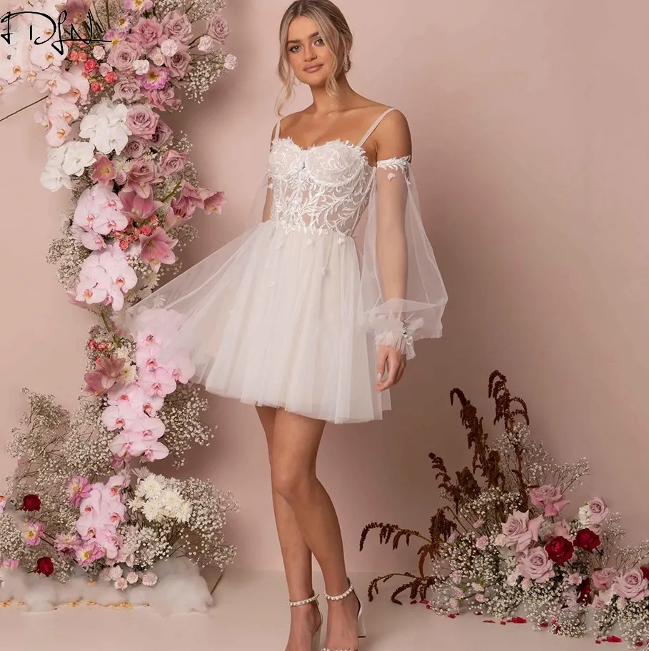 Robe De Mariée Courte Mini A-ligne Tulle Fée Robes De Mariée Robe De Mariee Custom Made Dos Nu Dentelle Robe De Réception Manches Amovibles Robe De Noiva