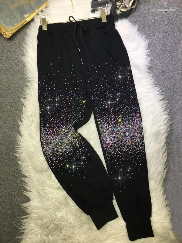 Calças femininas pesadas diamante feminino veludo de pelúcia cintura elástica cordão moletom mulher negra joggers mujer pantalones