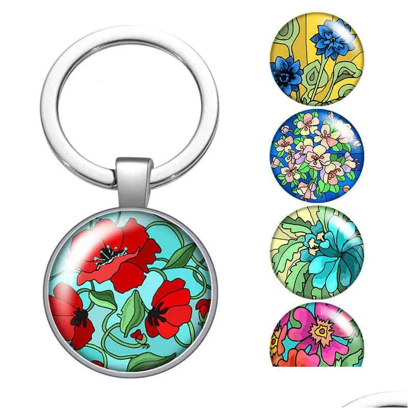 Schlüsselanhänger Lanyards Colorf Schönheit Blumen Mode Glas Cabochon Schlüsselbund Tasche Auto Schlüsselringe Halter Charms Silber Überzogene Ketten Frauen Gi Dhfvg