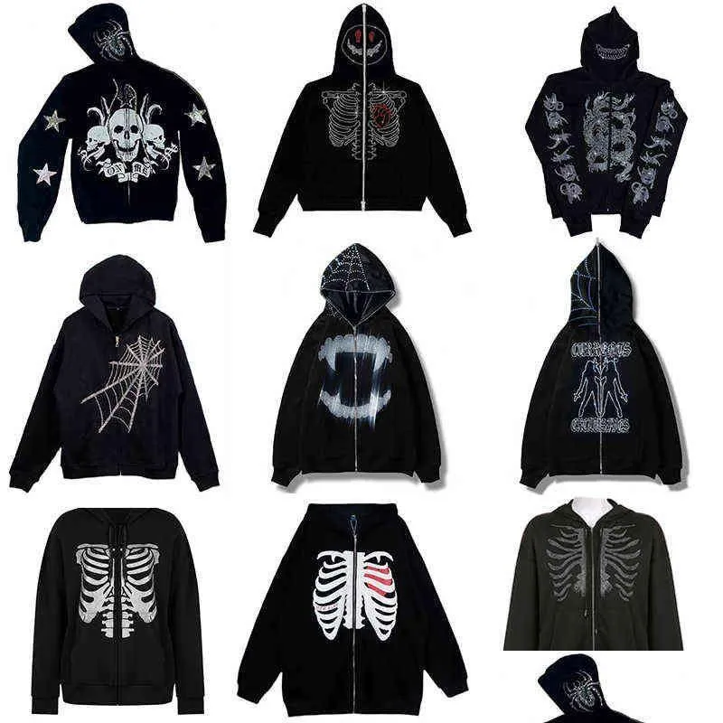 Men'S Hoodies Sweatshirts Mens Rhinestones Spider Web Skeleton Print Black Y2K Goth Long-Sleeve Fl Zip Oversized Jacket American F Dhmrl