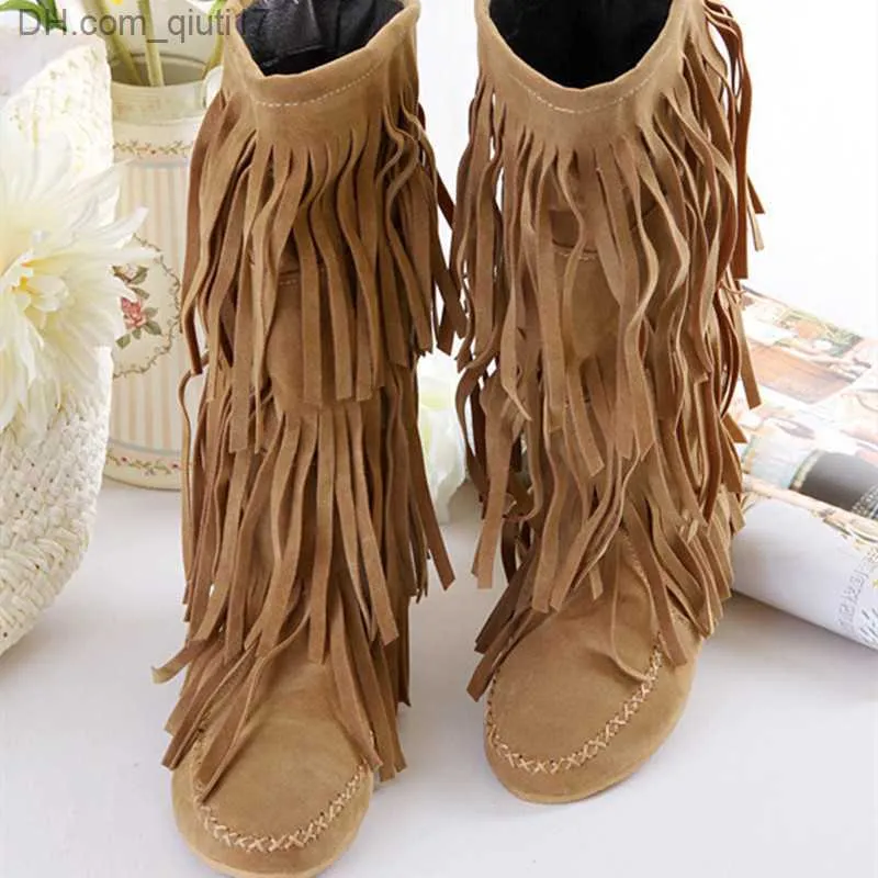 Boots Women's super large 34-43 warm velvet tassel round toe Nubuck leather high stool winter flat boots women's shoes Z230728