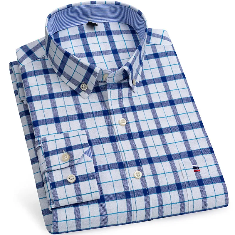 Camisas sociais masculinas 100% puro algodão Camisas Oxford masculinas de manga comprida camisa xadrez listrada camisa masculina BusinessTartan camisa vermelha masculina camisas de grife 230727