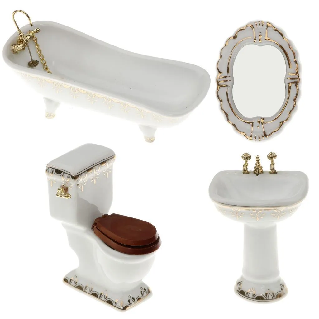 4 Exquisite Workmanship And Beautiful Design Ceramic Bathroom Set /12 Miniature Dollhouse(Include Bathtub Toilet Sink Mirror)