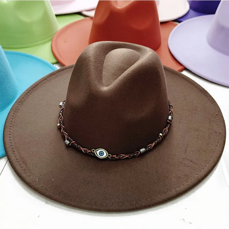 Breda randen hattar hink mode filt fedora hatt för män kvinnor vintage stil ögonband tillbehör panama jazz stor grossist 230727