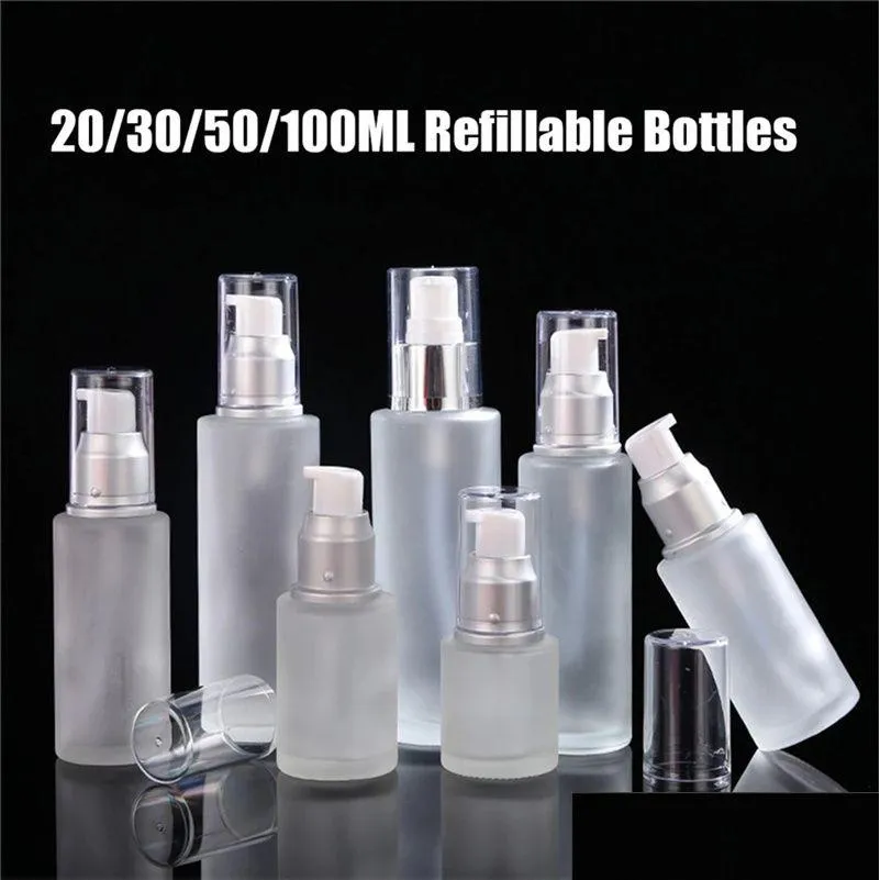 Förpackningsflaskor Frosted Glass Bottle Cosmetic Travel Packaging Refillerbara Lotion Spray Pump Jars 20 ml 30 ml 40 ml 50 ml 60 ml 80 ml 100 ml C otvew