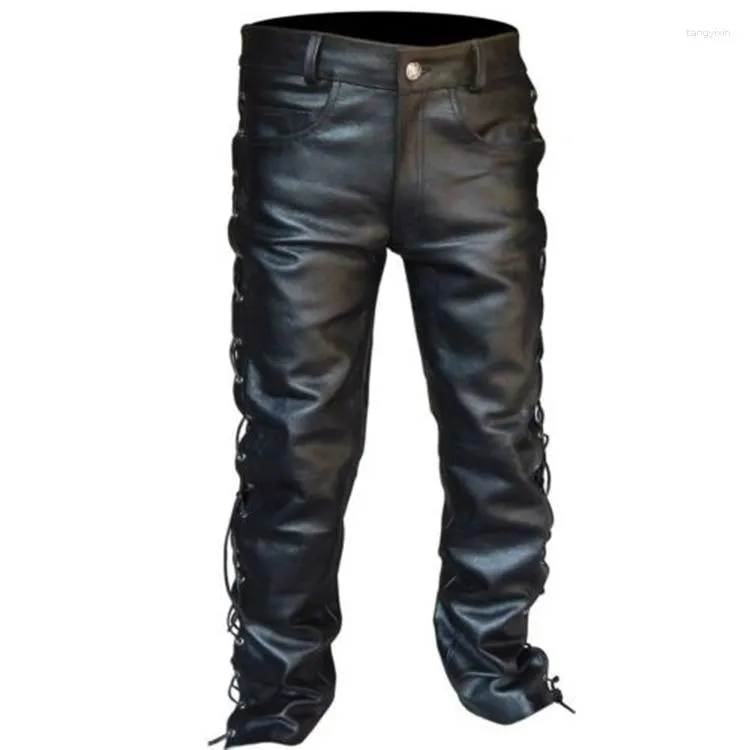 Mens Black Lace Up Leather Motorcycle Punk Pants For Winter