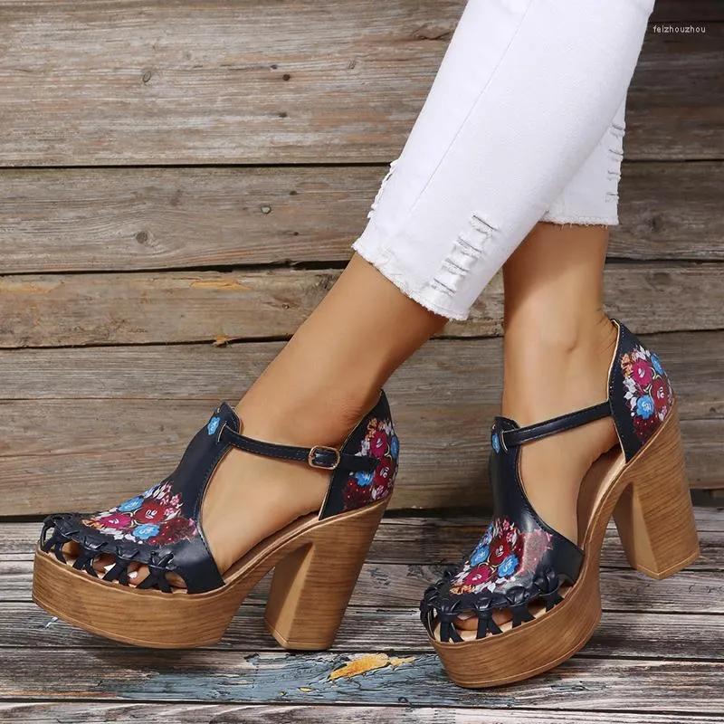 Sandaler Kvinnor High Heel Summer Fashion Floral Buckle Platform Chunky For Women Party Dress Sex High-Heeled Shoes