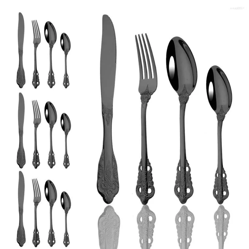 Dinnerware Sets 16Pcs Black Tableware Set Stainless Steel Cutlery Western Knife Fork Coffee Spoon Luxury Vintage Flatware