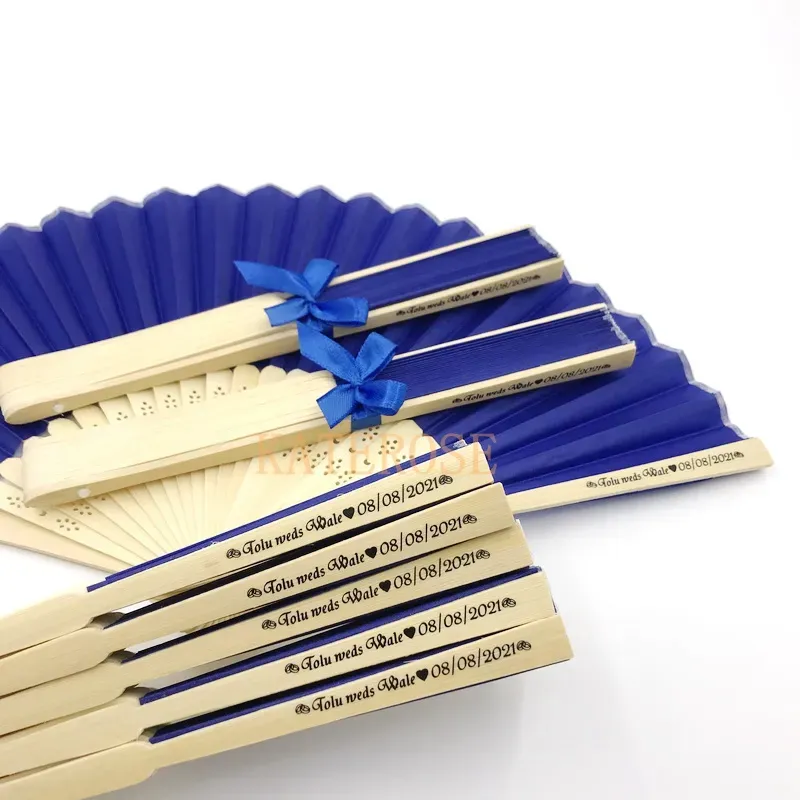 Event Party Supplies Custom Printing Name&Date Wedding Favors Hand Foldable Fan in Dark Blue Color Birthday Keepsakes