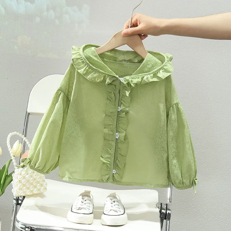 Jackets Girls Sunscreen Clothes Childrens Thin Hooded Coat Summer Baby Fashion Ruffles Sweet Tops 05Years Old 230728