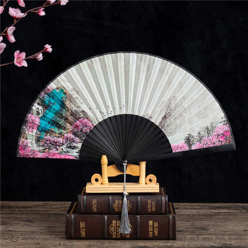 Produtos de estilo chinês Fan de estilo chinês de alto nível Fã dobrável com borla Blossom Lotus Fairy Crane Magpie Men Ink Painting Fan