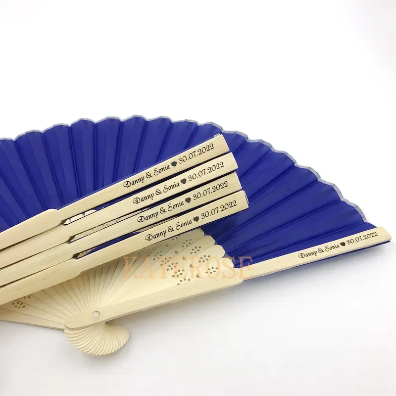 Event Party Supplies Custom Printing Name&Date Wedding Favors Hand Foldable Fan in Dark Blue Color Birthday Keepsakes