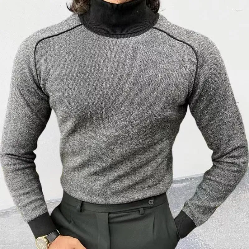 Męskie swetry jesienne i zimowe golf Sweter z długim rękawem moda mody patchwork kolor Slim Fit Koszulka z dzianiny