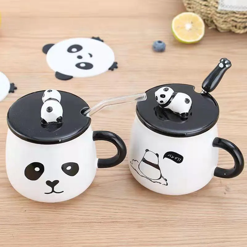 Mokken 3D Panda Keramische Kopjes Met Deksels Lepels Stro Creatieve Koreaanse Student Thuis Koffie Melk Waterfles Vakantie Geschenken Drinkware