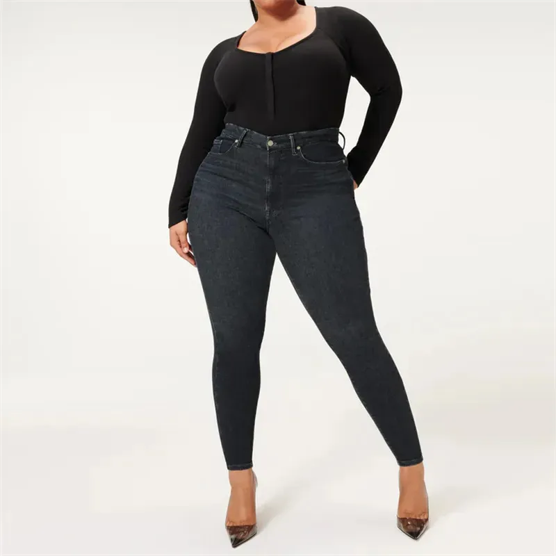 Jeans bleu grande taille pour femmes Jeans extensibles pour femmes taille haute pleine longueur Jeans Slim Leg