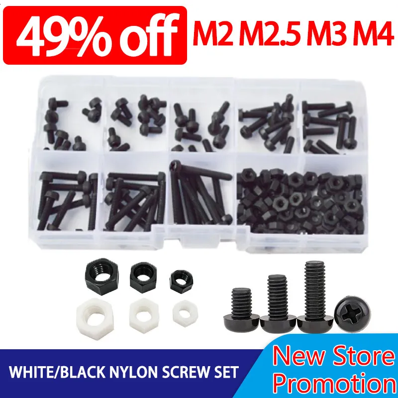 Tool Parts M2 M2.5 M3 M4 White Black Nylon Screw Bolt Nut Set Assortment Kit Pan Round Head Phillips Metric Thread Cross Machine Plastic 230727