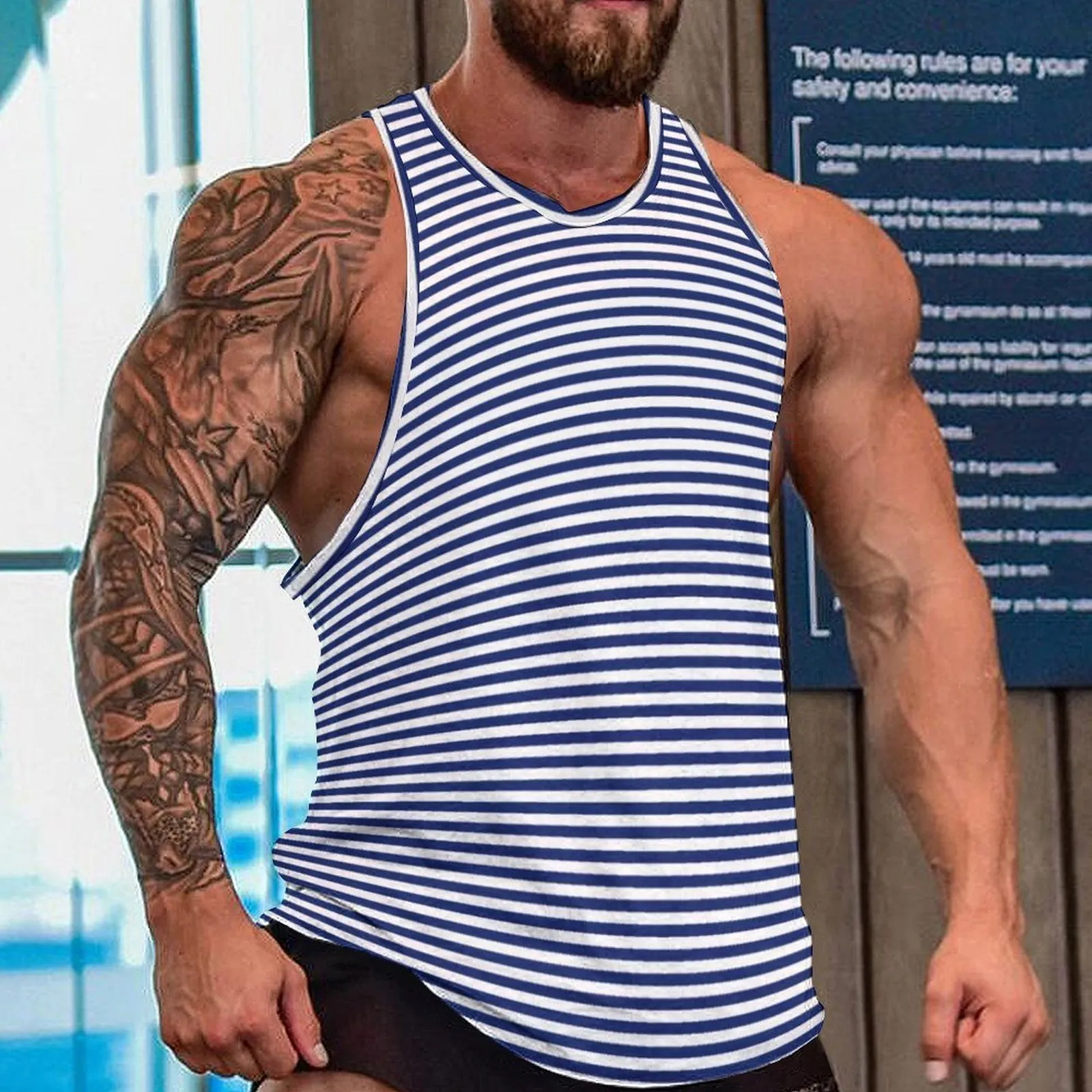 Men's Vests Classic Stripes Tank Top Navy Blue and White Males Full Print Tops Workout Streetwear Sleeveless Shirts 230726