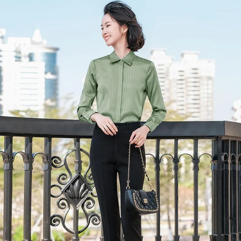 Women's Blouses Fashion Women Shirts Work Green Long Sleeve Office Ladies 2 Piece Pant And Tops Sets Pantsuits