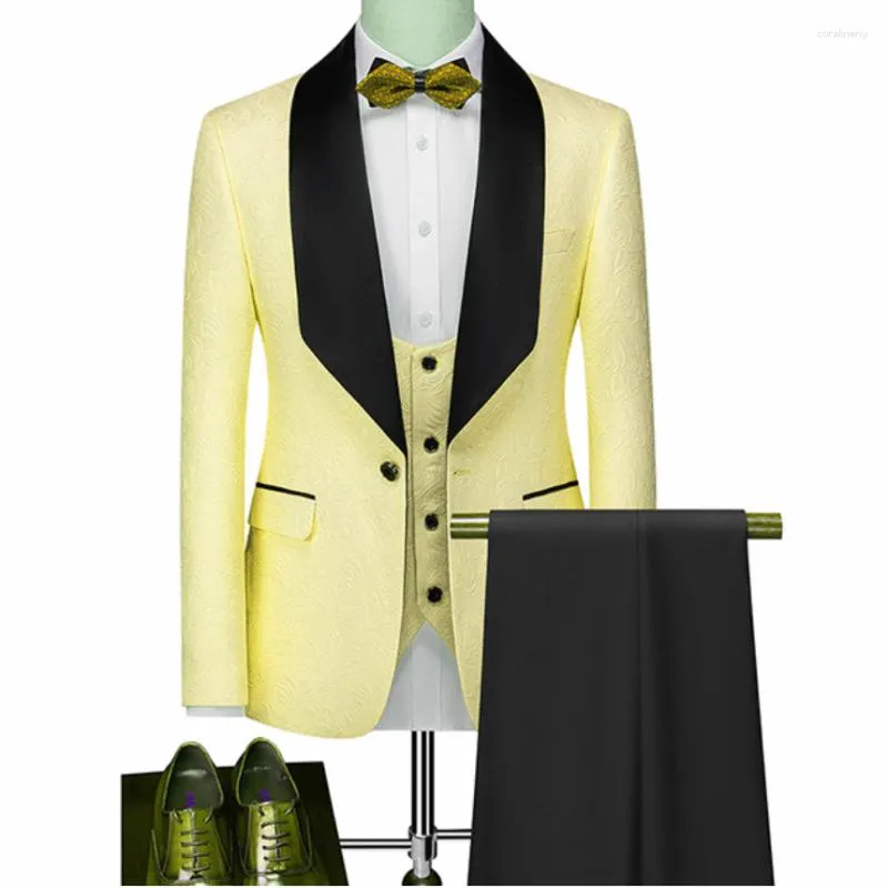 Men's Suits Style Men Yellow Pattern And Black Groom Tuxedos Shawl Lapel Groomsmen Wedding Man ( Jacket Pants Vest Tie ) D25