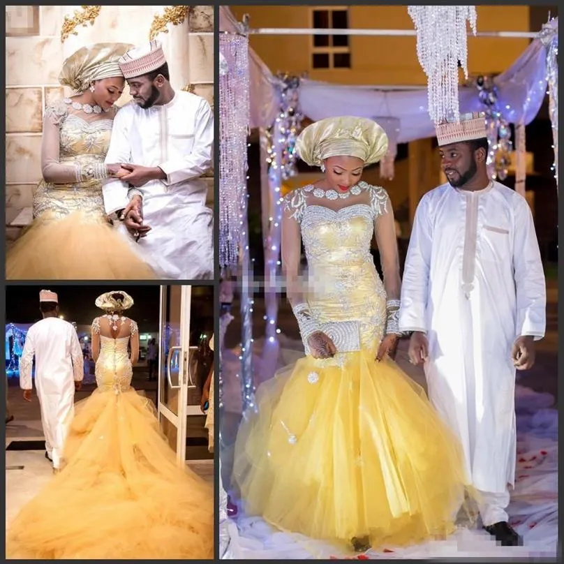 2021 African Traditional Wedding Dresses Nigeria Gold Wedding Gowns Crystal Beads Sheer Tulle Long Sleeves Mermaid Bridal Dress Pl261I