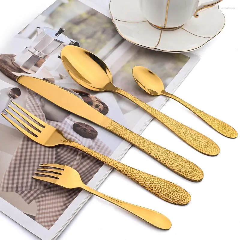 Dinnerware Sets Terprun 24/30Pcs Cutlery Set Vintage Steak Knives Fork Tea Spoon Gold Stainless Steel Flatware Kitchen Tableware