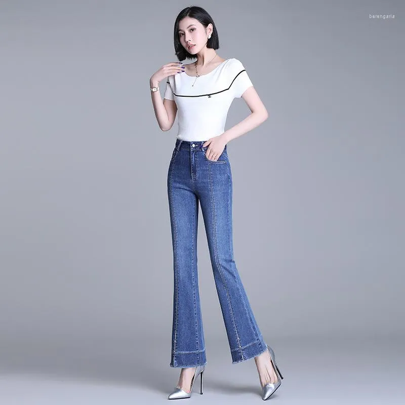 Jeans feminino 2023 primavera e outono de alta qualidade cintura alta fino micro flare elástico perna larga calça casual