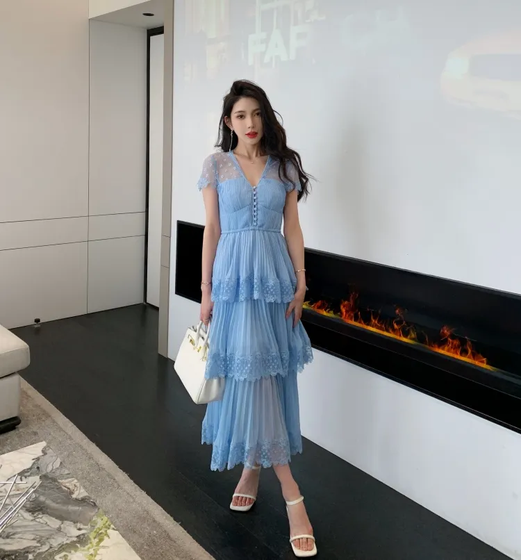 New S Elf Portrait Blue Chiffon Tiered Midi Dress V... From Shunlifacai669,  $141.68 In Bulk | DHgate.Com