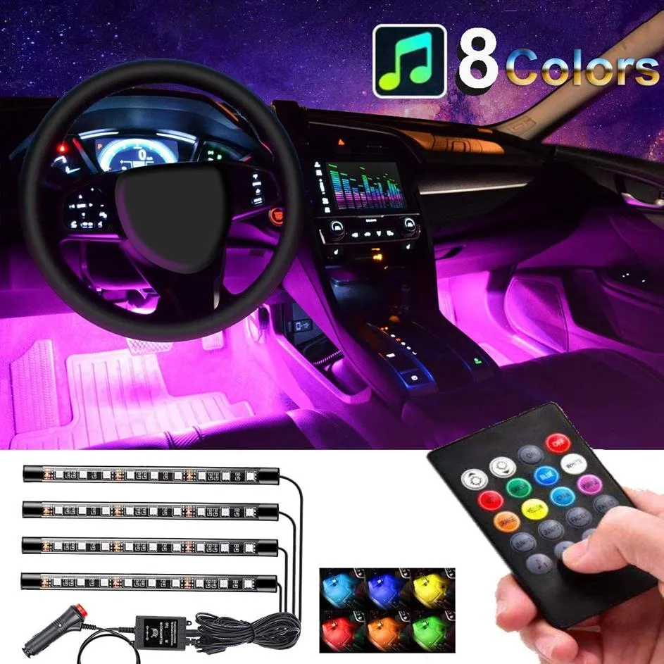 Car Interior Lights 4pcs Floor Atmosphere Glow Neon Lamp Multi-Color Music Strip Decorative Underdash Lighting Kit231Q