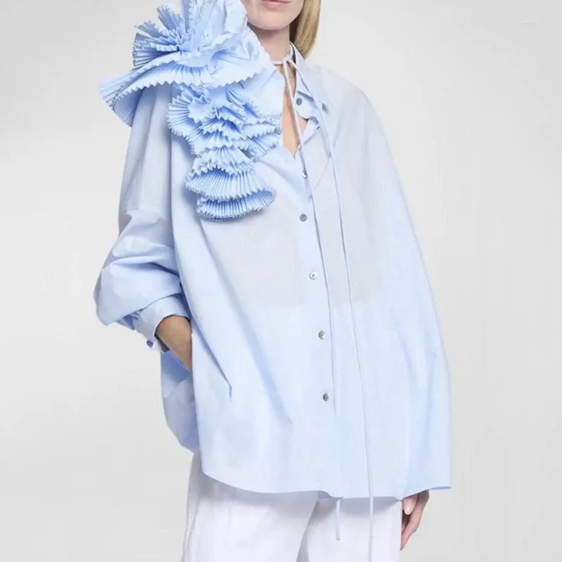 Blusas femininas de alta moda plissado 3D grande flor camisa 2023 outono inverno maré azul amarelo único peito solto GG tops coreano
