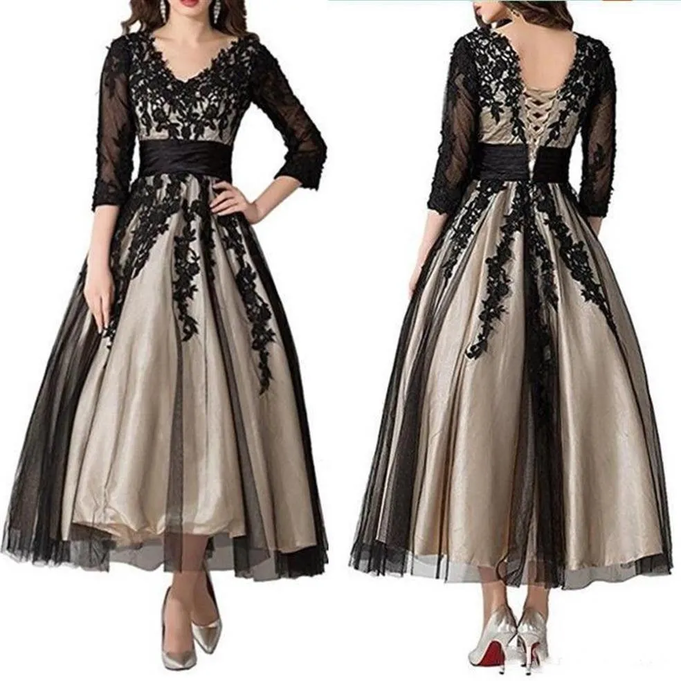 2020 Elegant Mother of the Bride Dresses 3 4 длинные рукава лодыжка длина v Шея кружевные аппликации Свадебные платья Вечерние плать