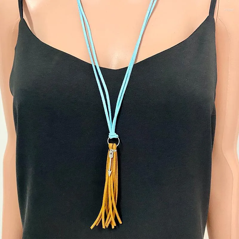 Подвесные ожерелья 2 слоя бархатная веревка длинная кожаная кисточка металлические перо подсолнечные ожерелье для женщин -свитер -цепь бохо