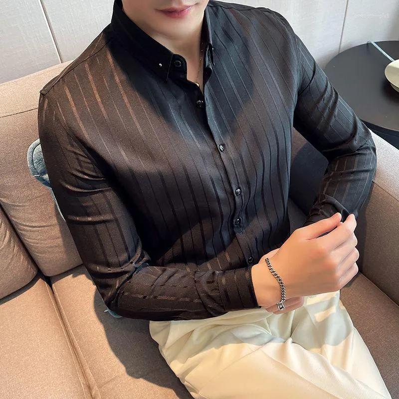 Camisas sociais masculinas listradas pretas musculosas e blusas masculinas de manga comprida tops masculinos com mangas casual luxo original estilo coreano roupas S